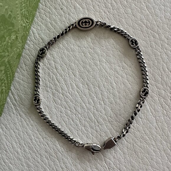 NEW GUCCI Sterling Silver Enamel Thin Interlocking G Bracelet Black - Picture 3 of 8